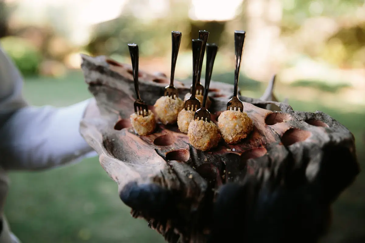 Canapés on small forks served on a rustic piece of driftwood in the garden