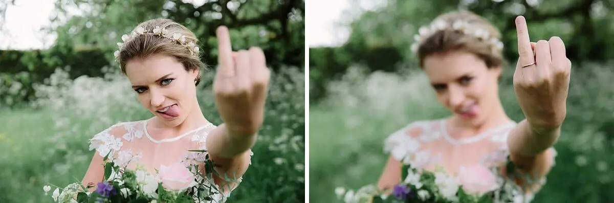 Two shots of the bride in a flower crown pulling a face and making a cheeky hand gesture