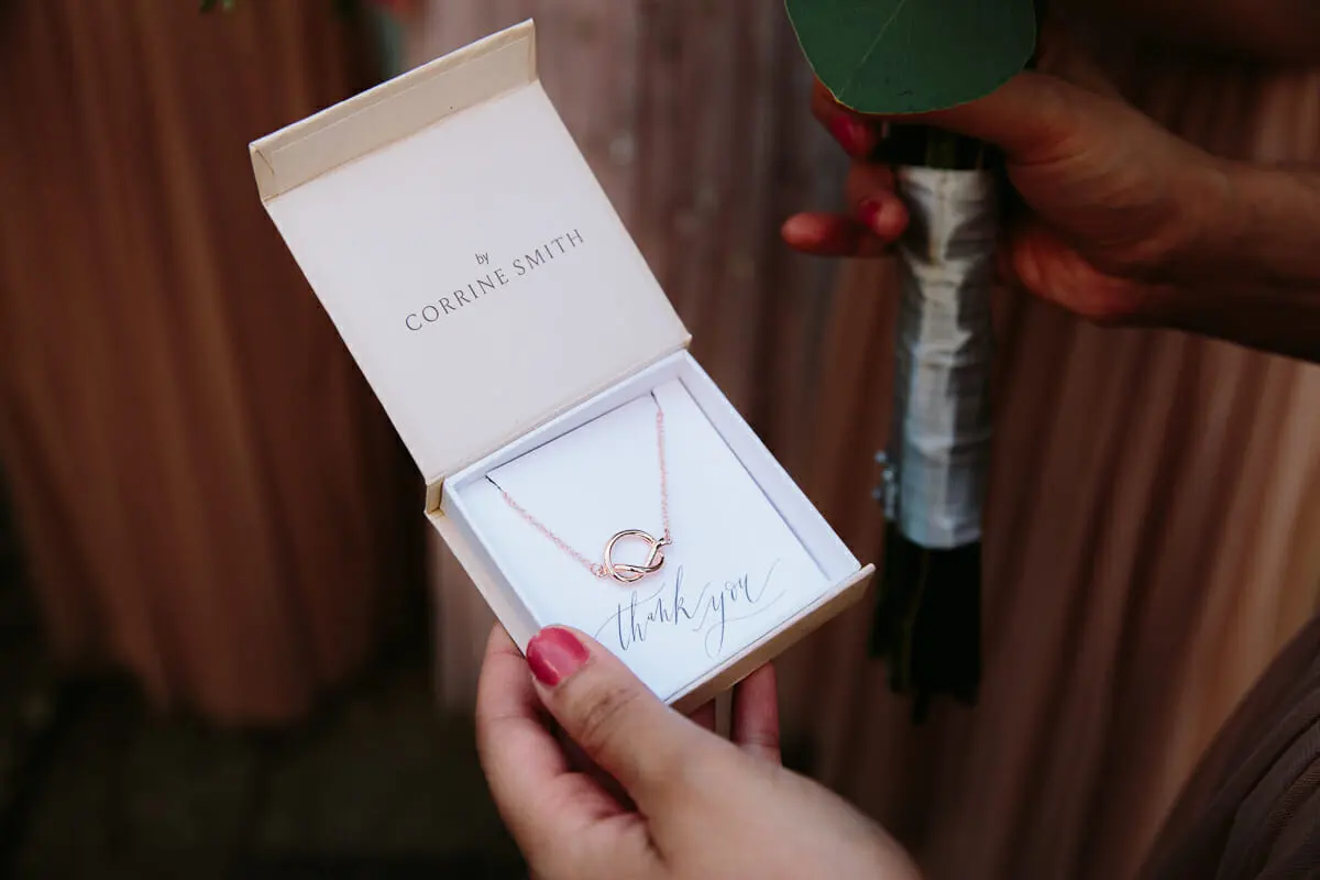 Hands holding open a gift box with a rose gold necklace and a thank you card