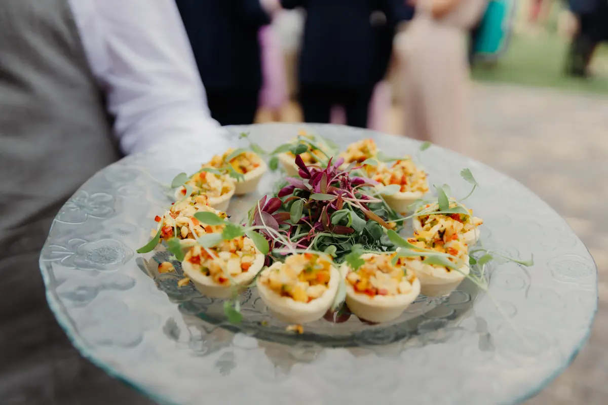 Tray of canapes in pastry cases with microgreens carried among guests at the drinks reception