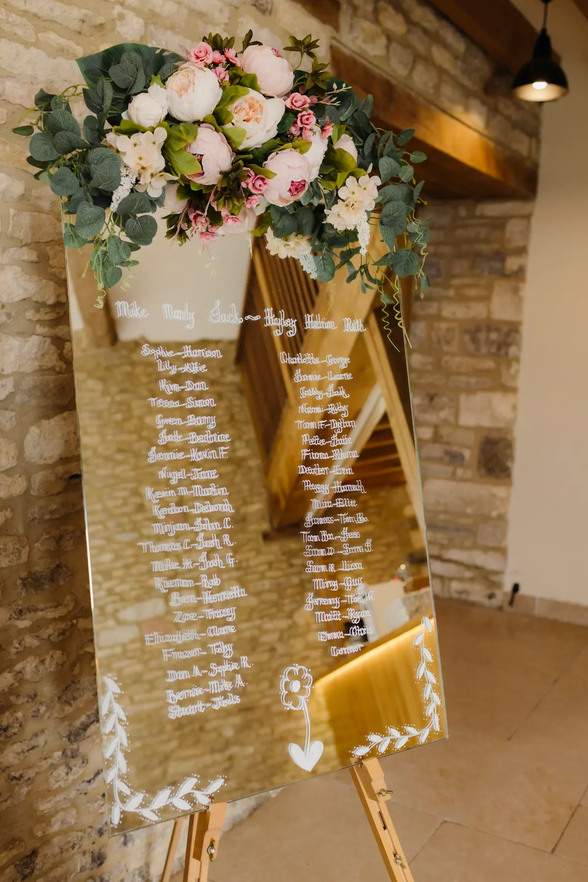 Mirror table plan with handwritten names and a spray of pink roses on an easel at Caswell House