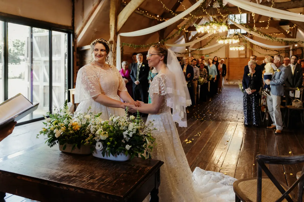 The Ceremony in the Main Barn - Lains Barn Wedding