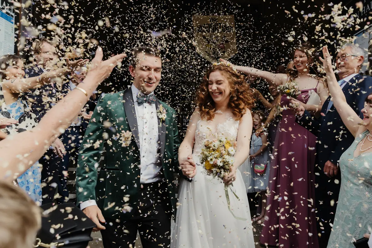 Lots and lots of confetti outside Oxford Town Hall